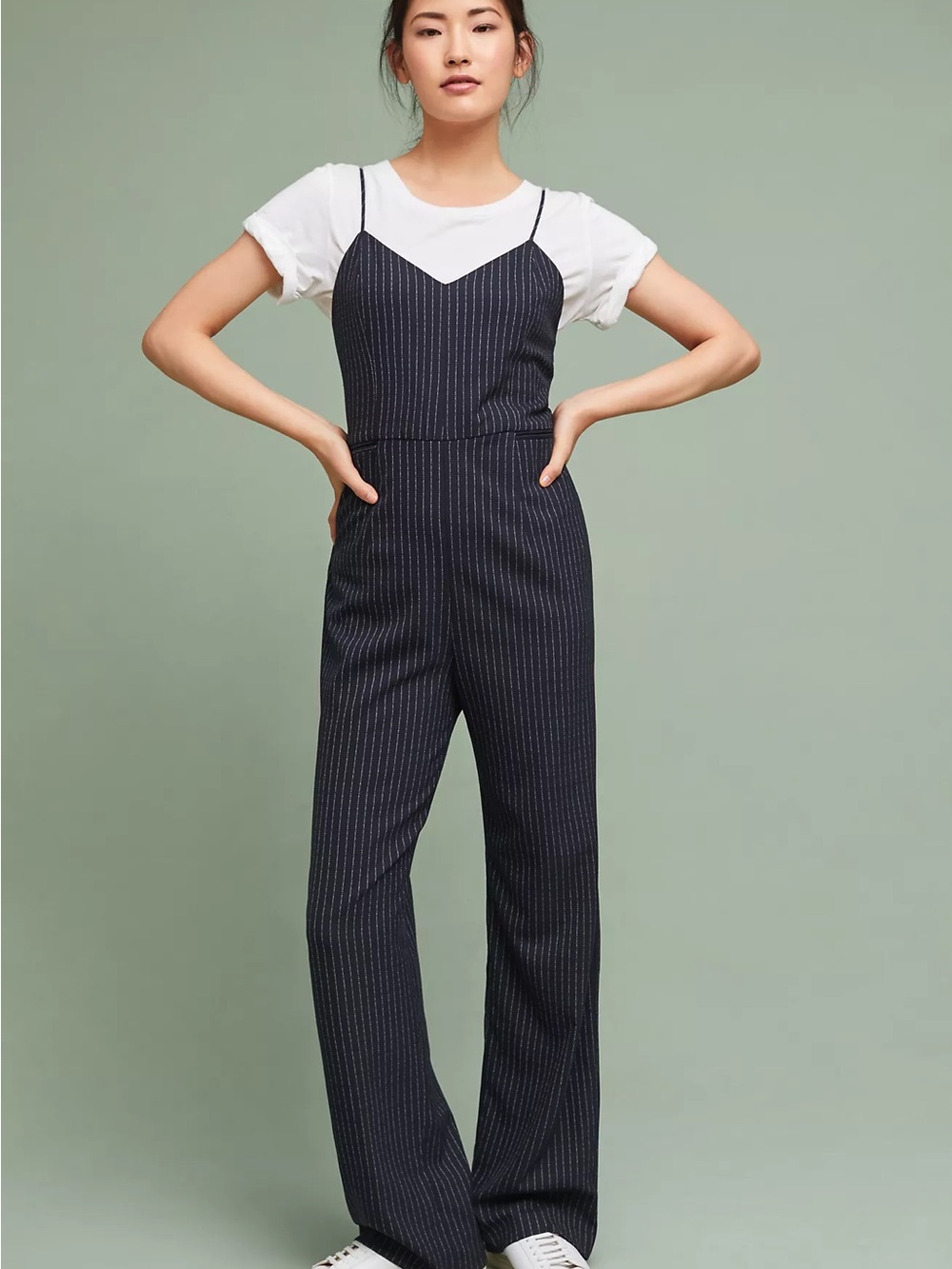 Anthropologie Navy Pinstripe Spaghetti-Strap Jumpsuit